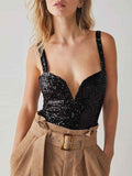 Suspender Sleeveless V Neck Sparkly Bodysuit Black