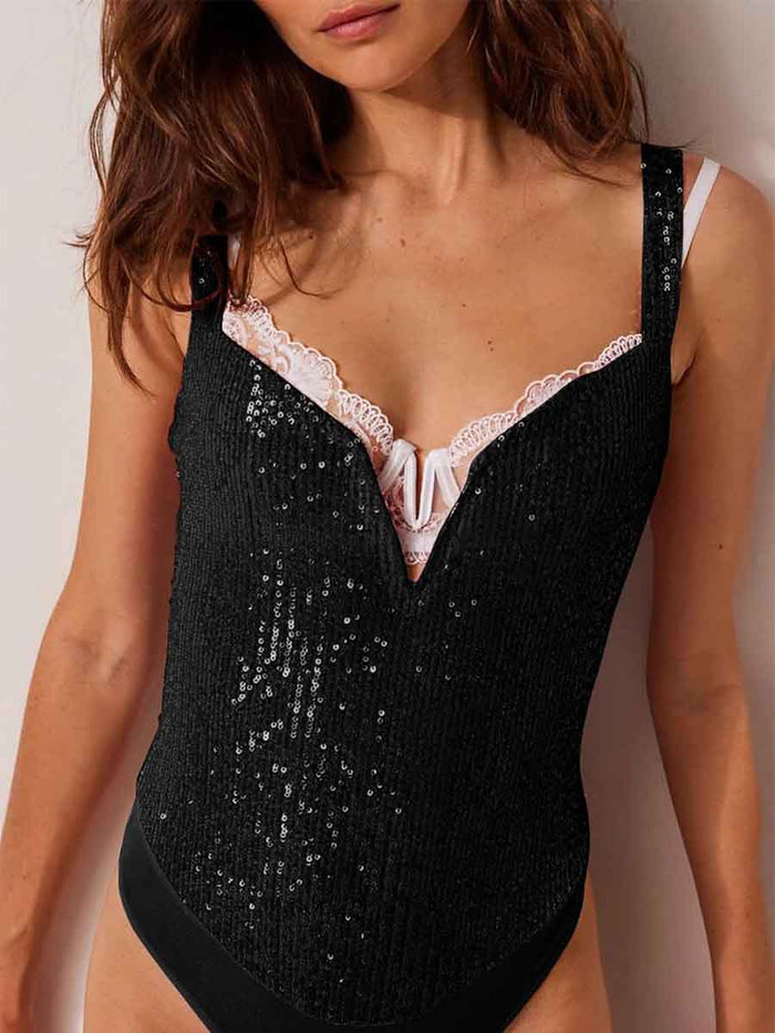 Suspender Sleeveless V Neck Sparkly Bodysuit Black