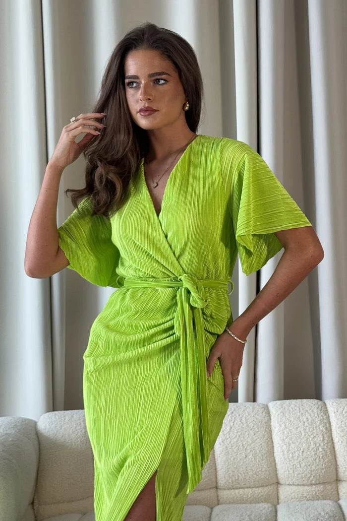 Tabby Lime Ruched Midi Dress (Lime)