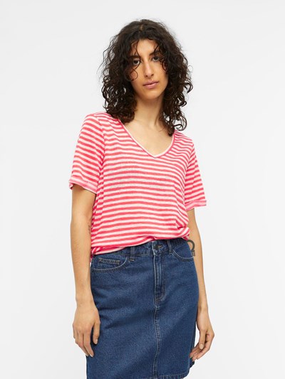 Tessi V-Neck T-Shirt (Paradise Pink/White Stripes)