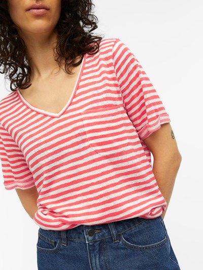 Tessi V-Neck T-Shirt (Paradise Pink/White Stripes)
