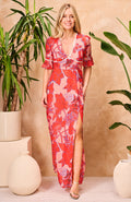 The Amaya Frill Sleeve Open Back Maxi Dress (Red)