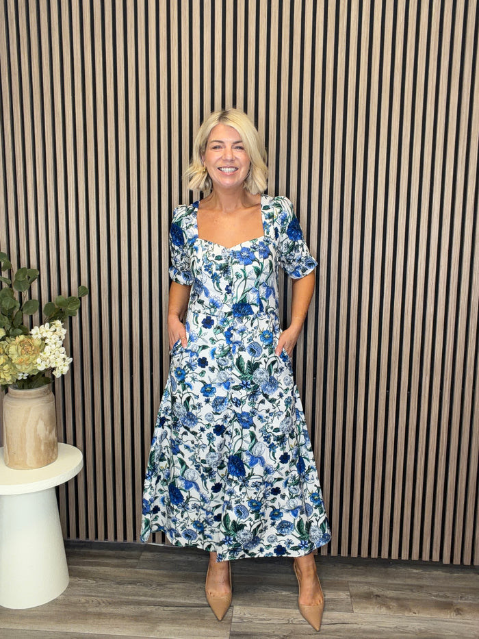 The Debora Midi Dress (Blue/White)