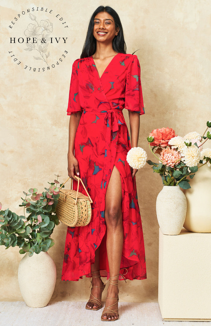 The Delia Flutter Sleeve Maxi Dress (Red)