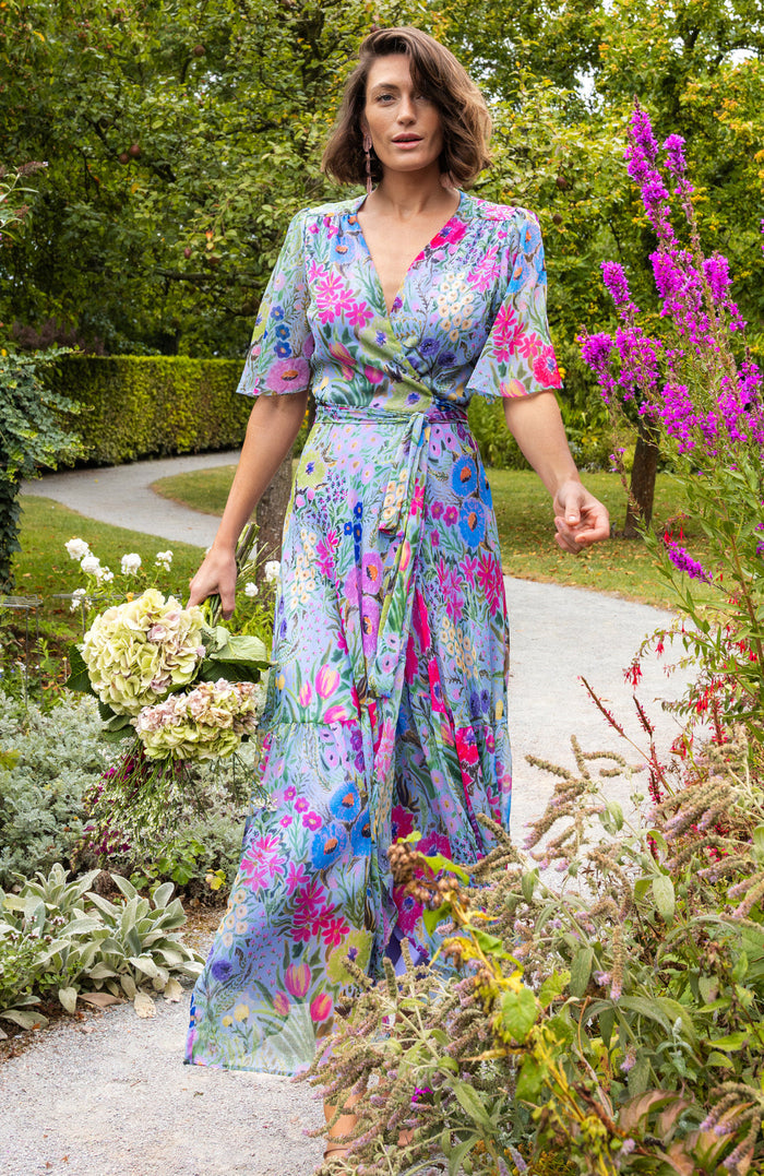 The Ember Maxi Wrap Dress (Blue/Pink)
