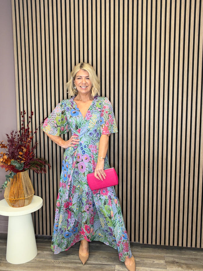 The Ember Maxi Wrap Dress (Blue/Pink)