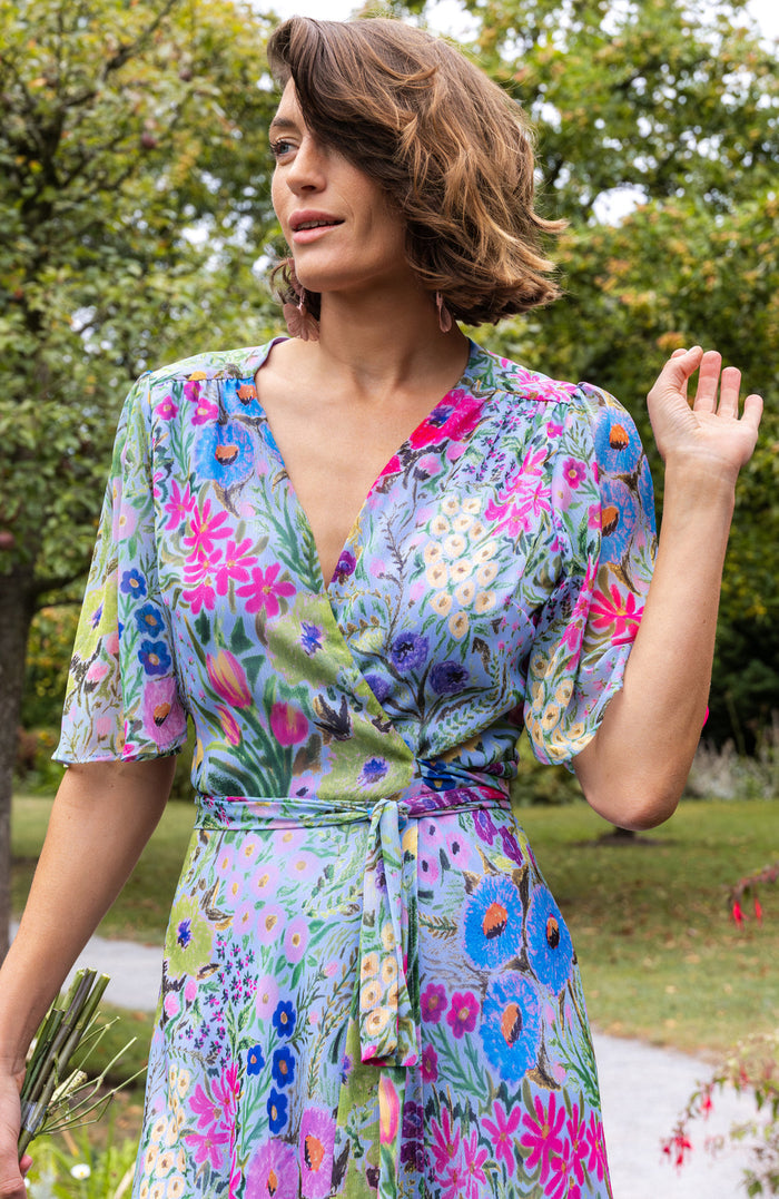 The Ember Maxi Wrap Dress (Blue/Pink)