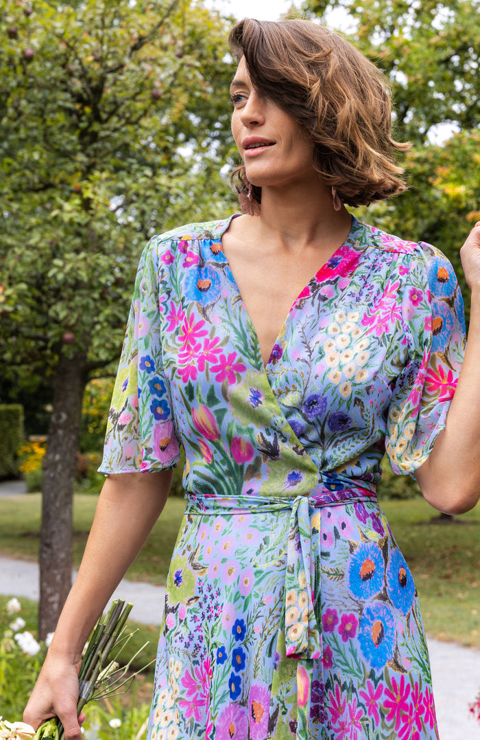 The Ember Maxi Wrap Dress (Blue/Pink)