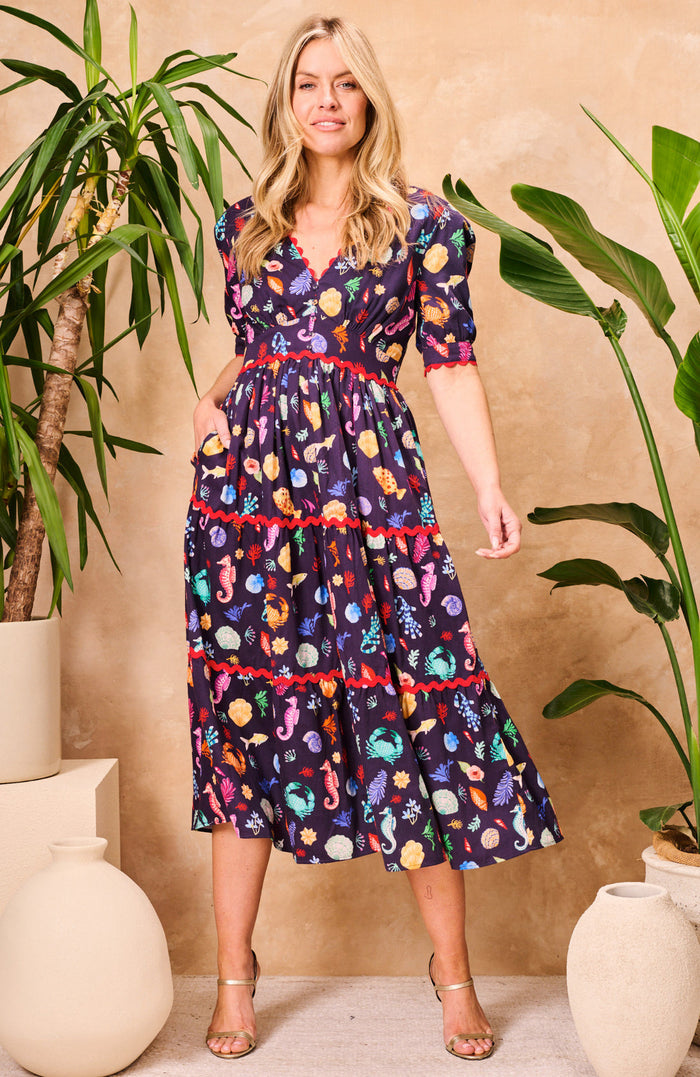 The Laurel Puff Sleeve Tiered Midi Tea Dress (Navy Multi)