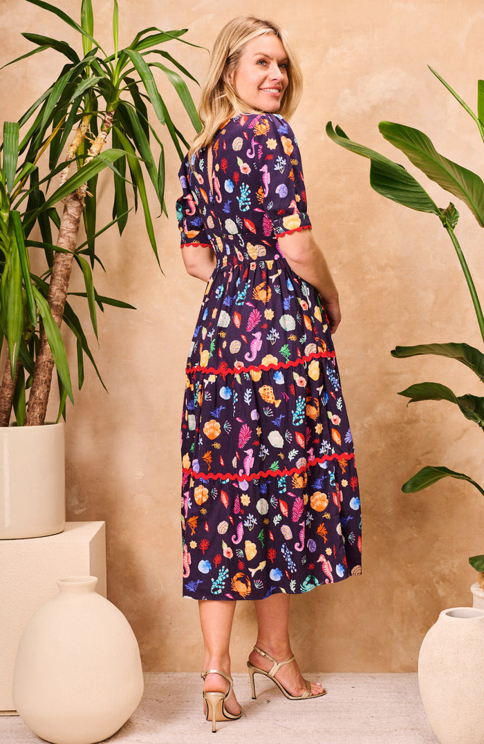 The Laurel Puff Sleeve Tiered Midi Tea Dress (Navy Multi)