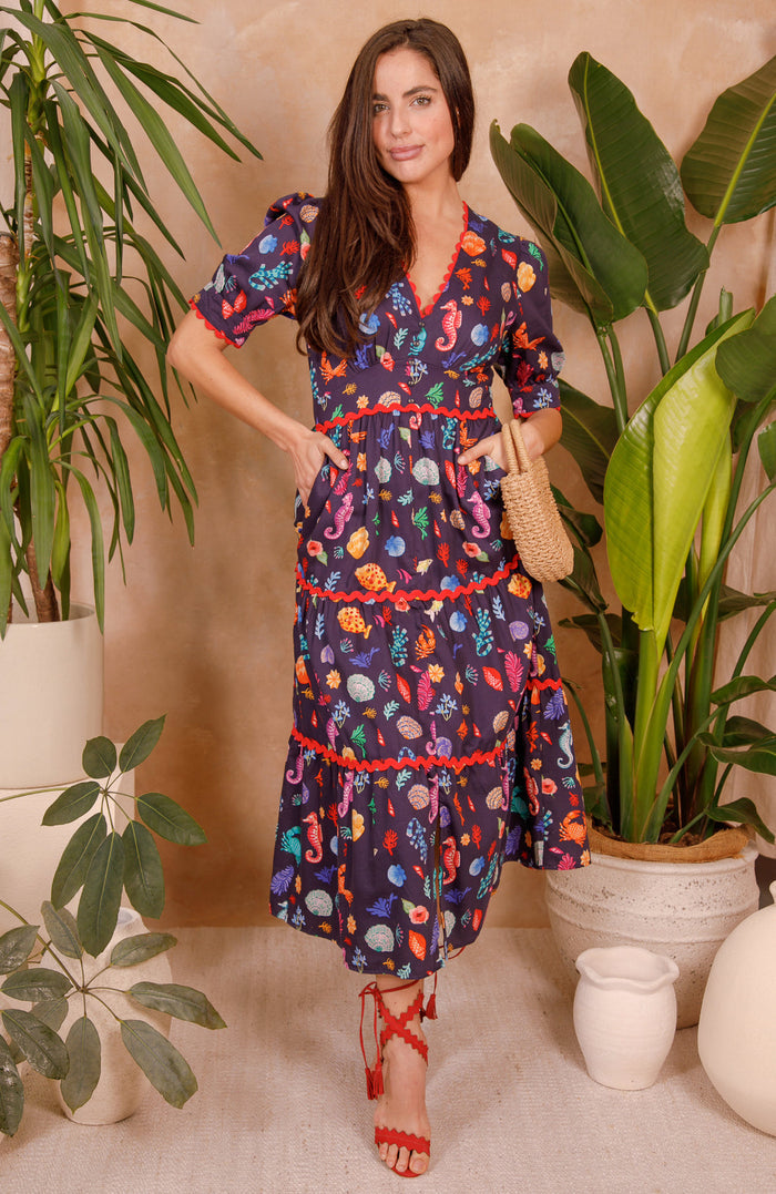 The Laurel Puff Sleeve Tiered Midi Tea Dress (Navy Multi)