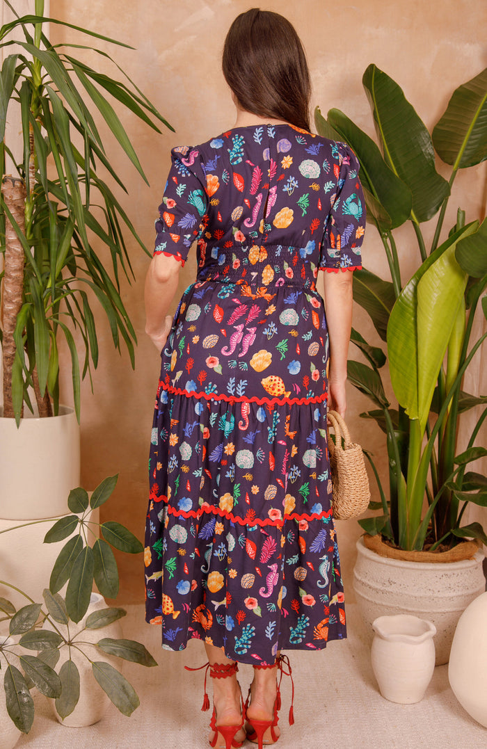 The Laurel Puff Sleeve Tiered Midi Tea Dress (Navy Multi)