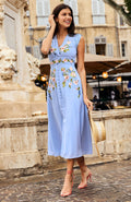 The Maude Embroidered Button Front Midi Dress (Blue)