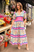 The Meredith V-Neck Full Skirt Tea Dress (Pink Multi)