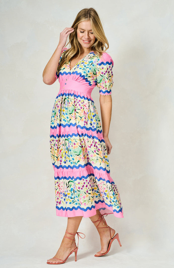 The Meredith V-Neck Full Skirt Tea Dress (Pink Multi)