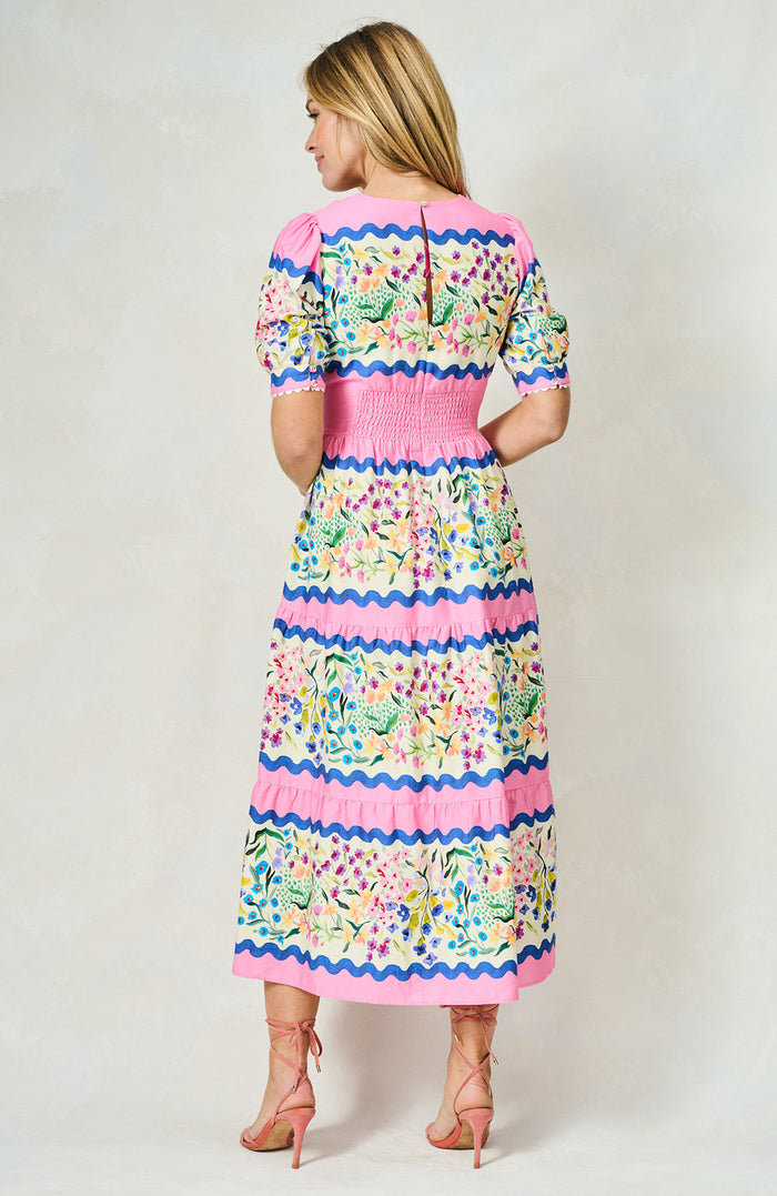 The Meredith V-Neck Full Skirt Tea Dress (Pink Multi)
