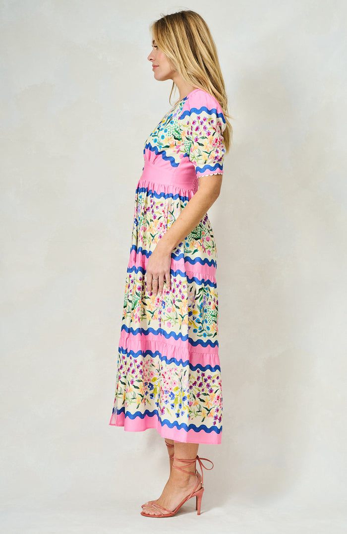 The Meredith V-Neck Full Skirt Tea Dress (Pink Multi)