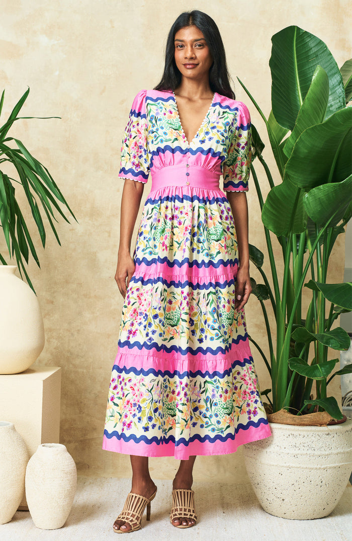 The Meredith V-Neck Full Skirt Tea Dress (Pink Multi)