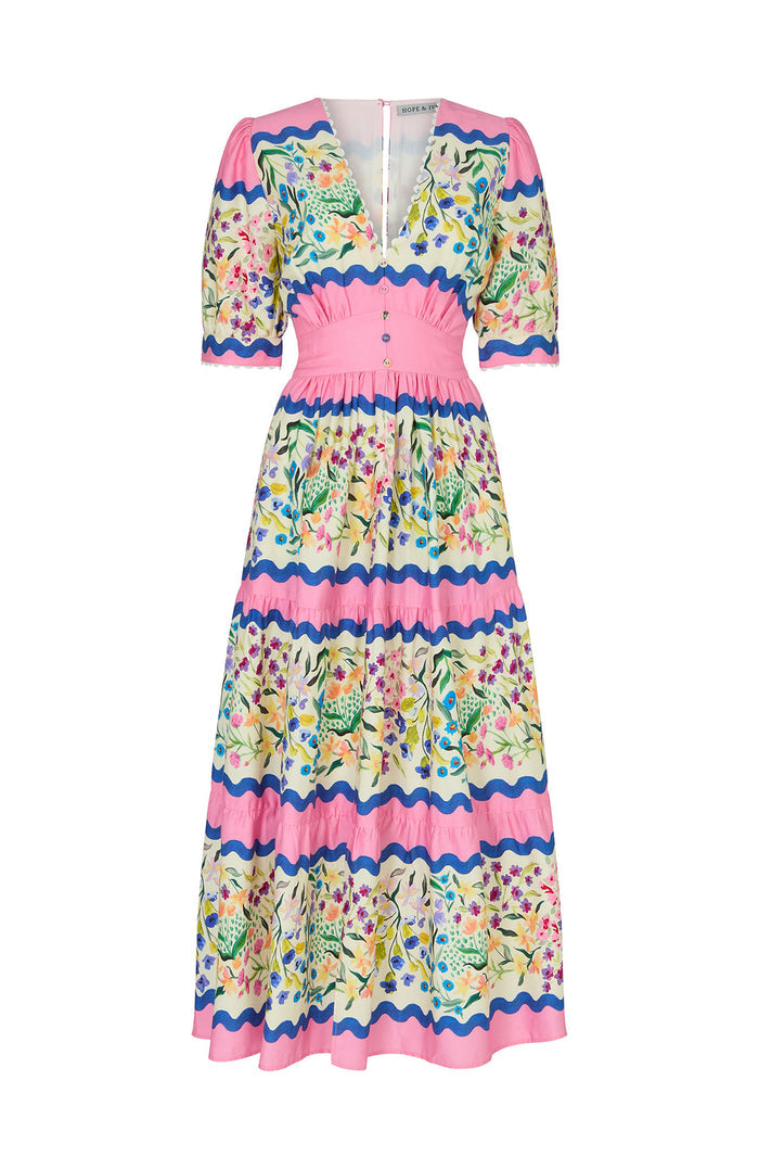 The Meredith V-Neck Full Skirt Tea Dress (Pink Multi)
