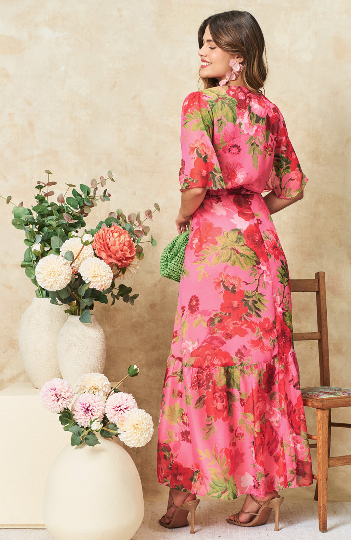 The Roxanne Flutter Sleeve Maxi Wrap Dress (Pink/Red)