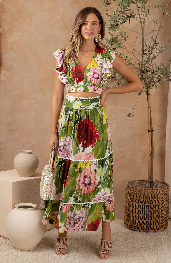 The Susie High Waisted Tiered Skirt with Scalloped Trim (Green)