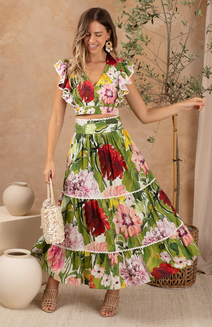 The Susie High Waisted Tiered Skirt with Scalloped Trim (Green)