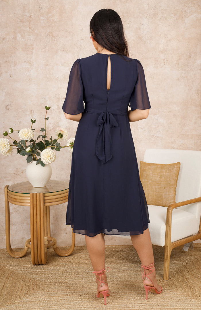 The Tiffany Embroidered Flutter Sleeve Front Panel Dress (Navy)