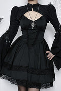 Tie Up Bell Sleeve Stand Collar Crop Top-Black