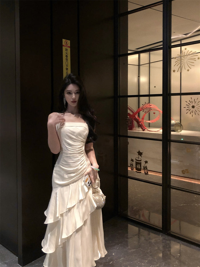Tight-Waist Netted Figure-Hugging Dress - White
