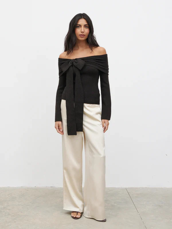 Tilda Bardot Bow Knit Top (Brown)