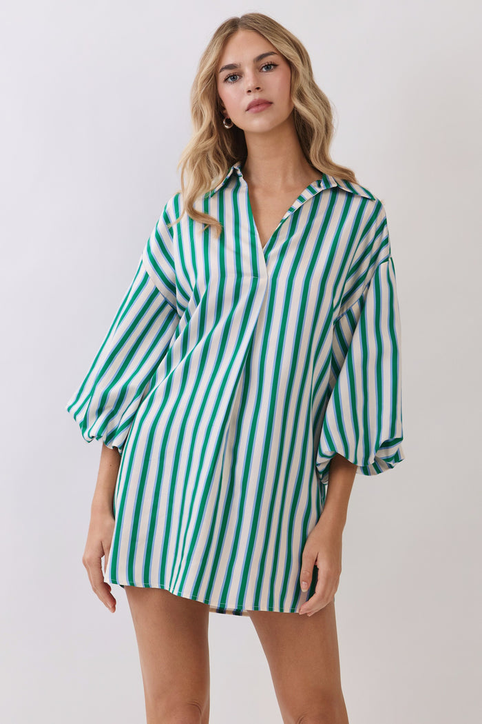 Time After Time Green Striped Mini Dress