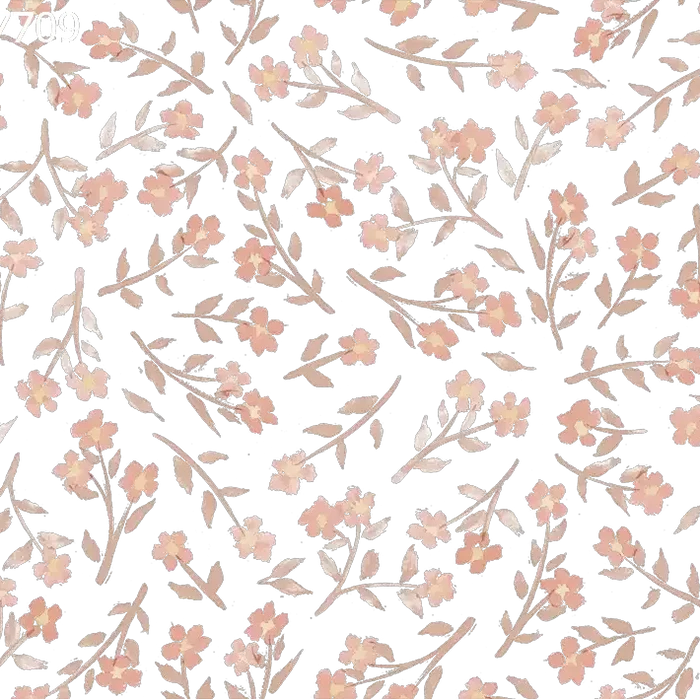 Floral pattern with pink flowers and green leaves on a white background