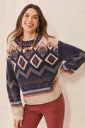 Tribal Fair Isle Mock Neck Eyelash Knit Sweater in Sapphire