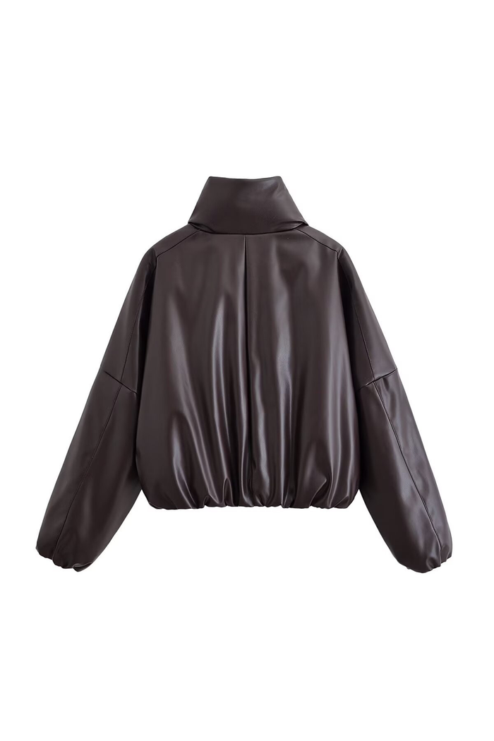 Turndown Collar Long Sleeve Solid Color Faux Leather Crop Padded Coat-Brown