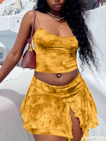 Two-Piece Set Of Spaghetti Strap Slit Skirt