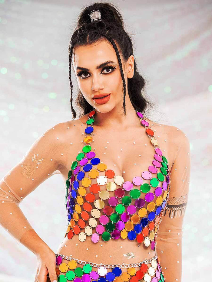 Two Piece Set Sequin - Rainbow Halter Top + Mini Skirt