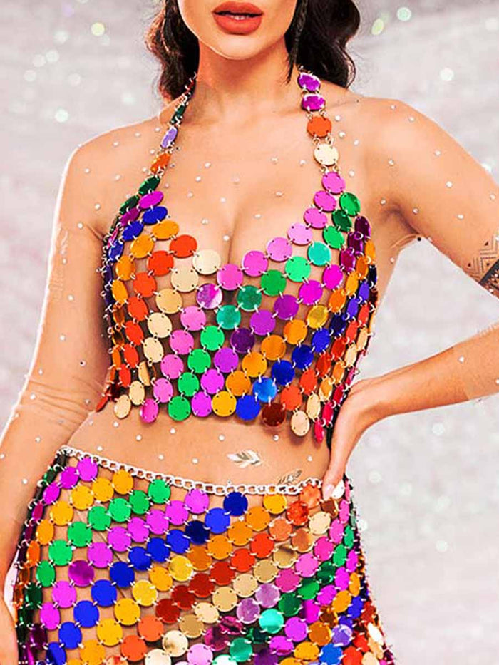 Two Piece Set Sequin - Rainbow Halter Top + Mini Skirt
