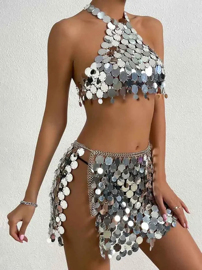 Two Piece Silver Sequin Set - Mini Skirt + Bra Top