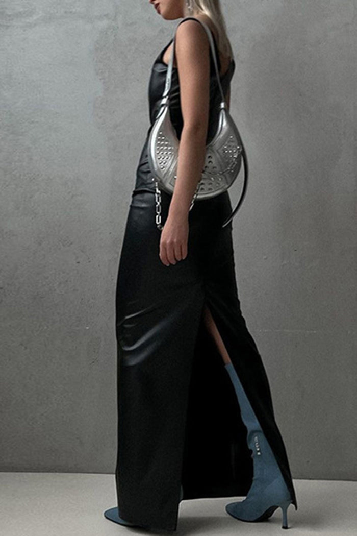 U Neck Solid Color PU Leather Bodycon Party Maxi Dresses-Black