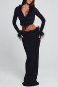 V Neck Crop Top Feather Trim Maxi Skirt Velvet 2pcs Set-Black Pre Order
