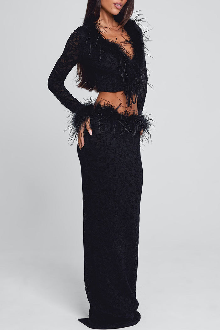 V Neck Crop Top Feather Trim Maxi Skirt Velvet 2pcs Set-Black Pre Order