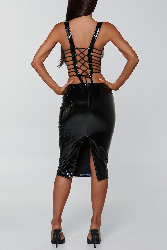 V Neck Cutout Bodycon Patent Leather Party Midi Dresses-Black Pre Order