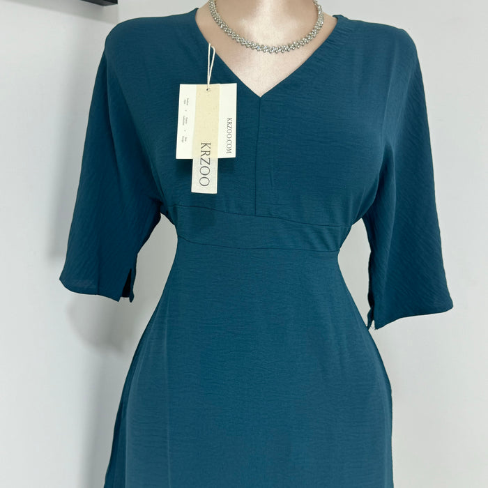 V-neck loose cotton and linen short dress