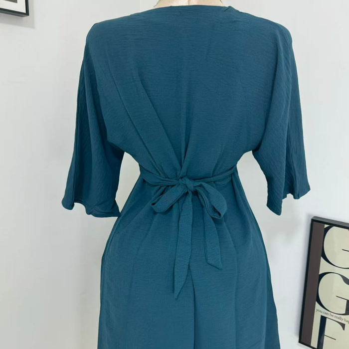 V-neck loose cotton and linen short dress