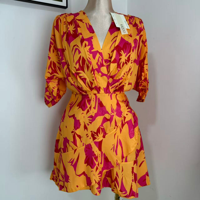 V-Neck Loose-Fit Batwing Sleeve Printed Dress