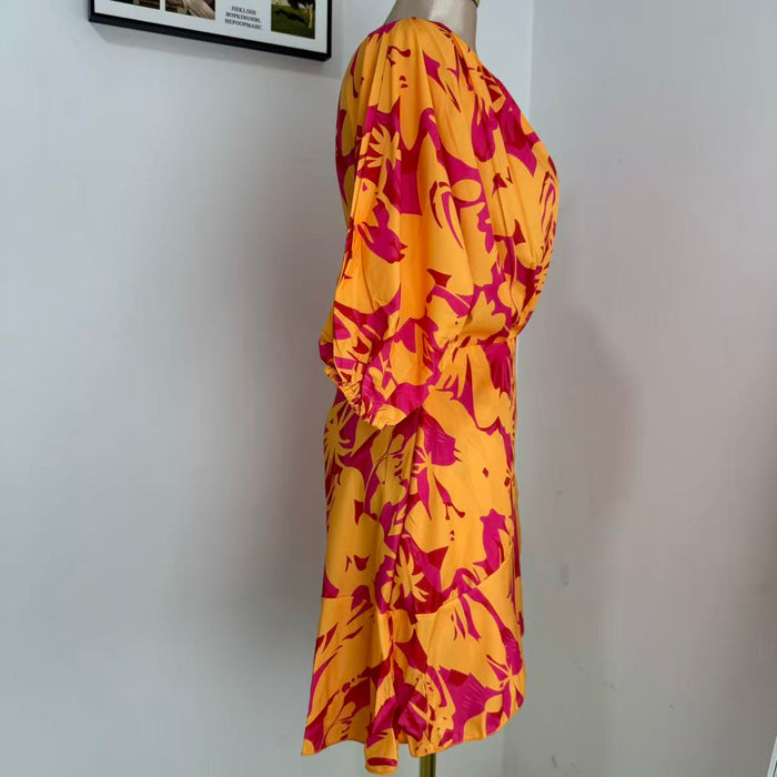 V-Neck Loose-Fit Batwing Sleeve Printed Dress
