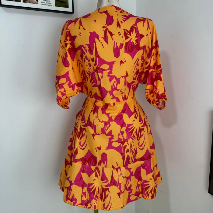 V-Neck Loose-Fit Batwing Sleeve Printed Dress