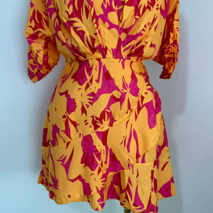 V-Neck Loose-Fit Batwing Sleeve Printed Dress