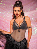 V-Neck Rhinestone Black Dress - Mesh Patchwork Tulle Dress