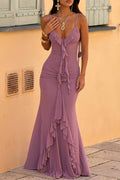 V Neck Ruffled Fishtail Hem Backless Slip Maxi Dresses Purple